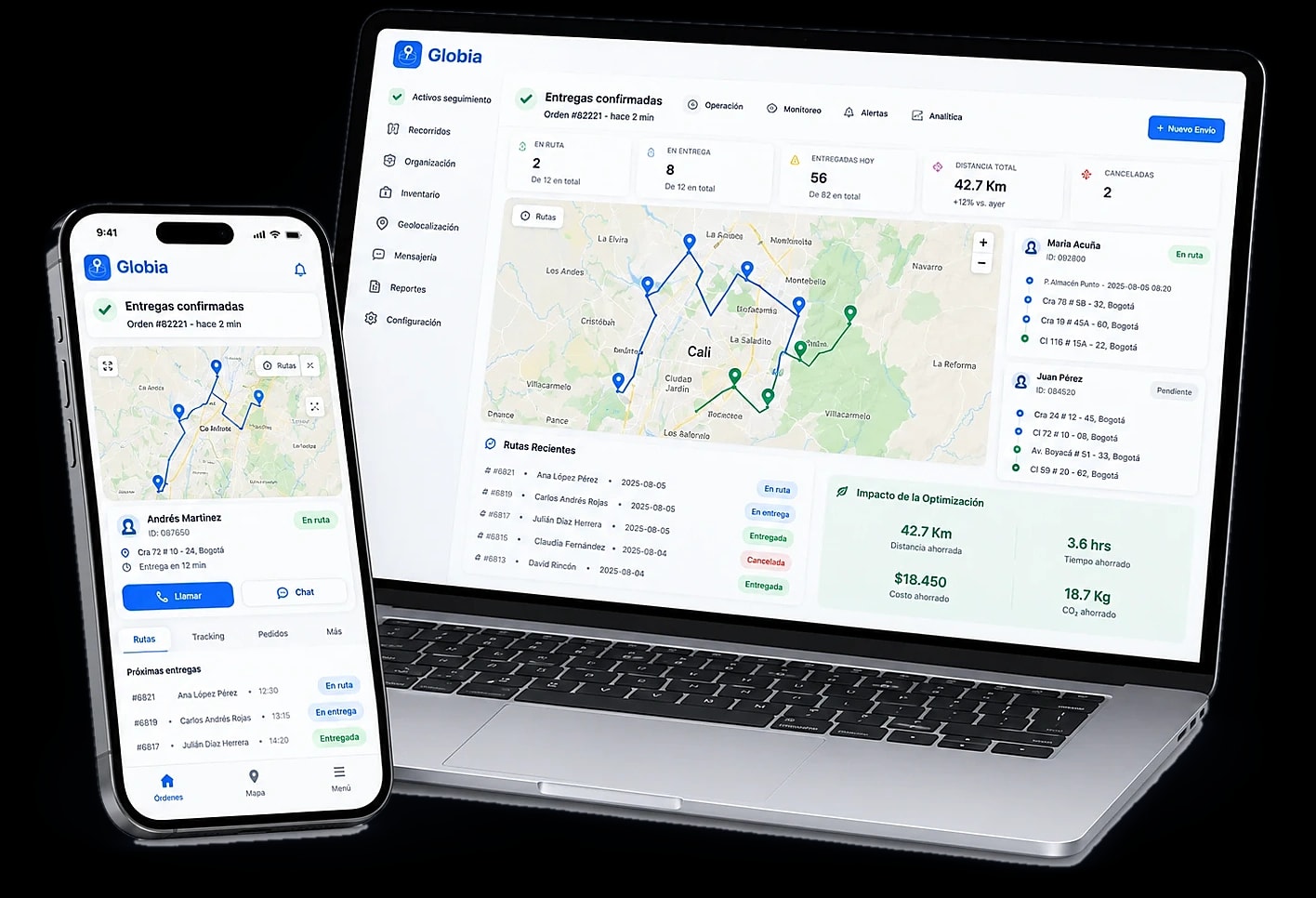 Panel de despacho de Globia en un portátil con rutas sobre el mapa de Cali y app del mensajero en un celular